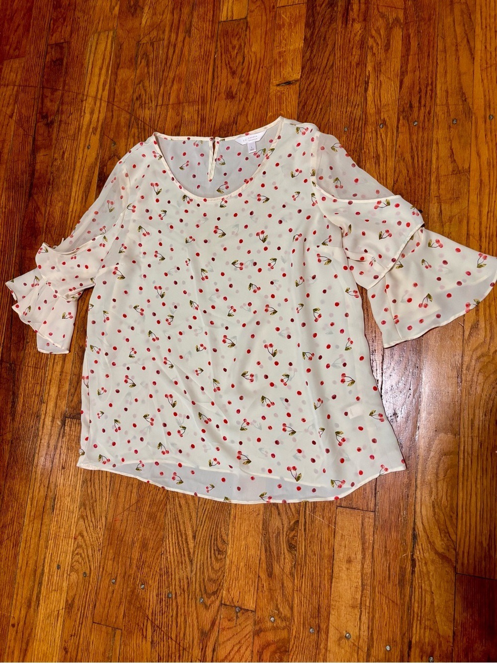LC Lauren Conrad Cherry Polka Dot Bell Sleeve Blouse Size L Ivory